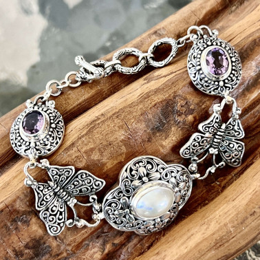 BR 15644  WPL-(HANDMADE 925 BALI SILVER BUTTERFLY BRACELETS WITH WHITE MABE PEARL)